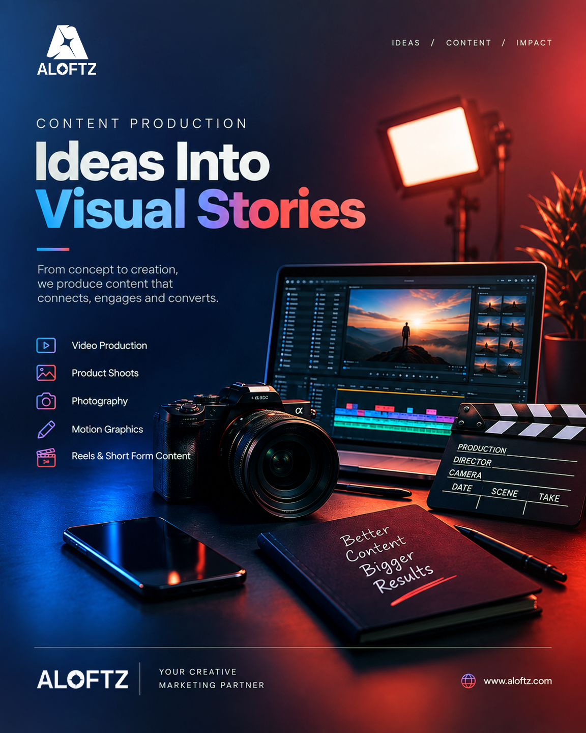 Content production poster showing cameras, video editing and visual storytelling
